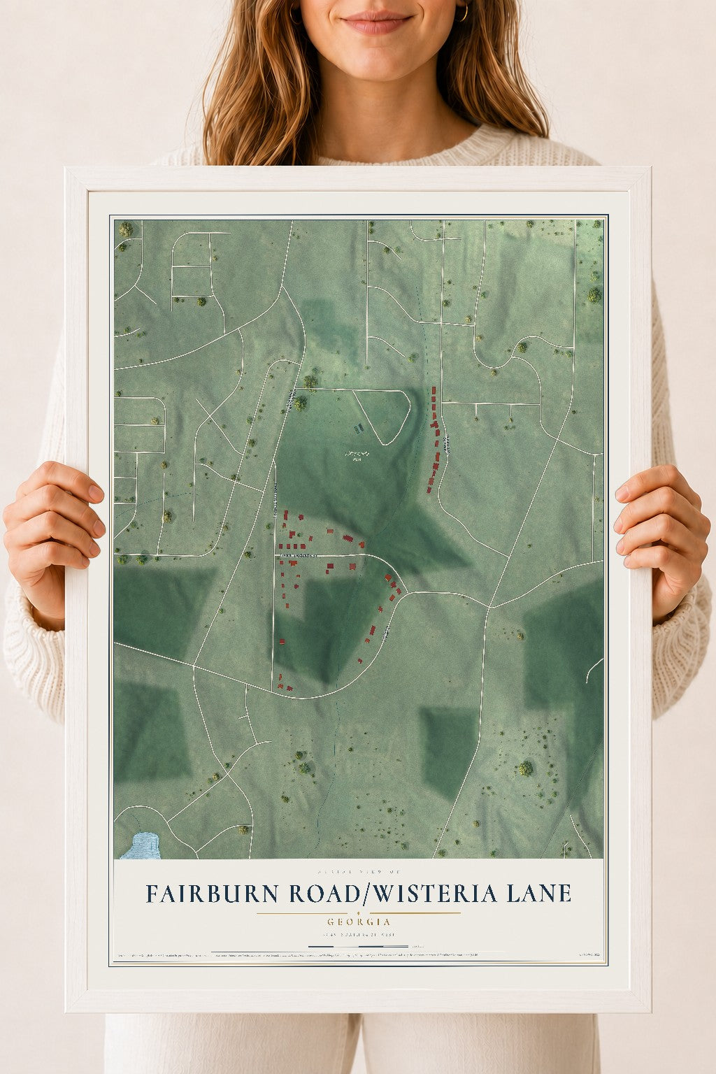 Fairburn Road-Wisteria Lane, Georgia map print, 18" x 24" W/ White Ayous Wood Frame mockup