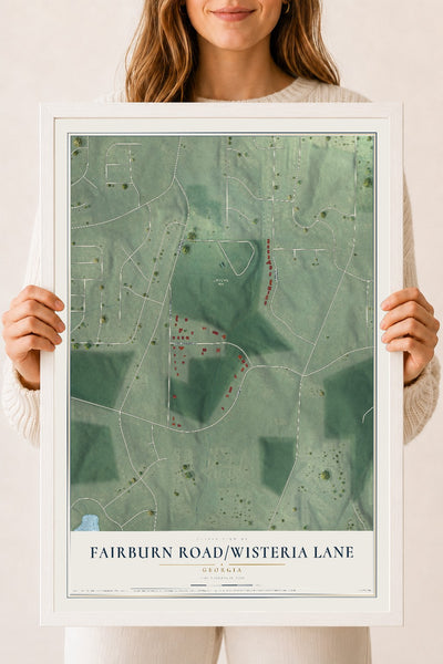 Fairburn Road-Wisteria Lane, Georgia map print, 18" x 24" W/ White Ayous Wood Frame mockup