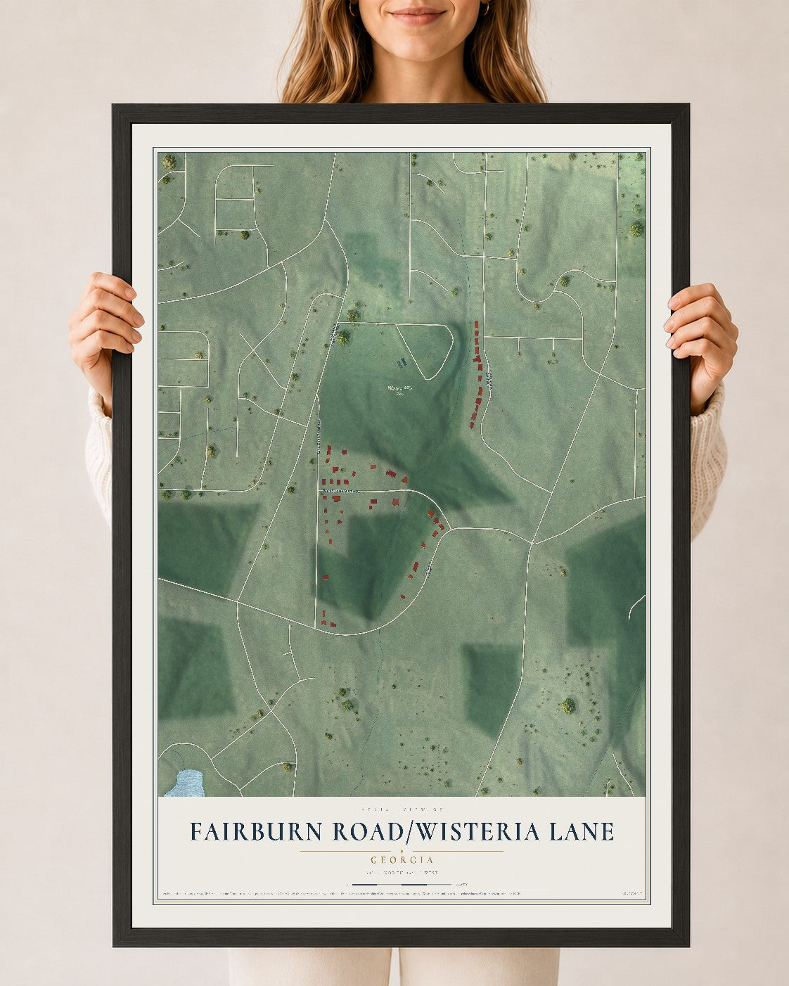 Fairburn Road-Wisteria Lane, Georgia map print, 24" x 36" W/ Black Ayous Wood Frame mockup