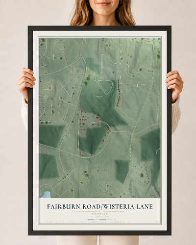 Fairburn Road-Wisteria Lane, Georgia map print, 24" x 36" W/ Black Ayous Wood Frame mockup