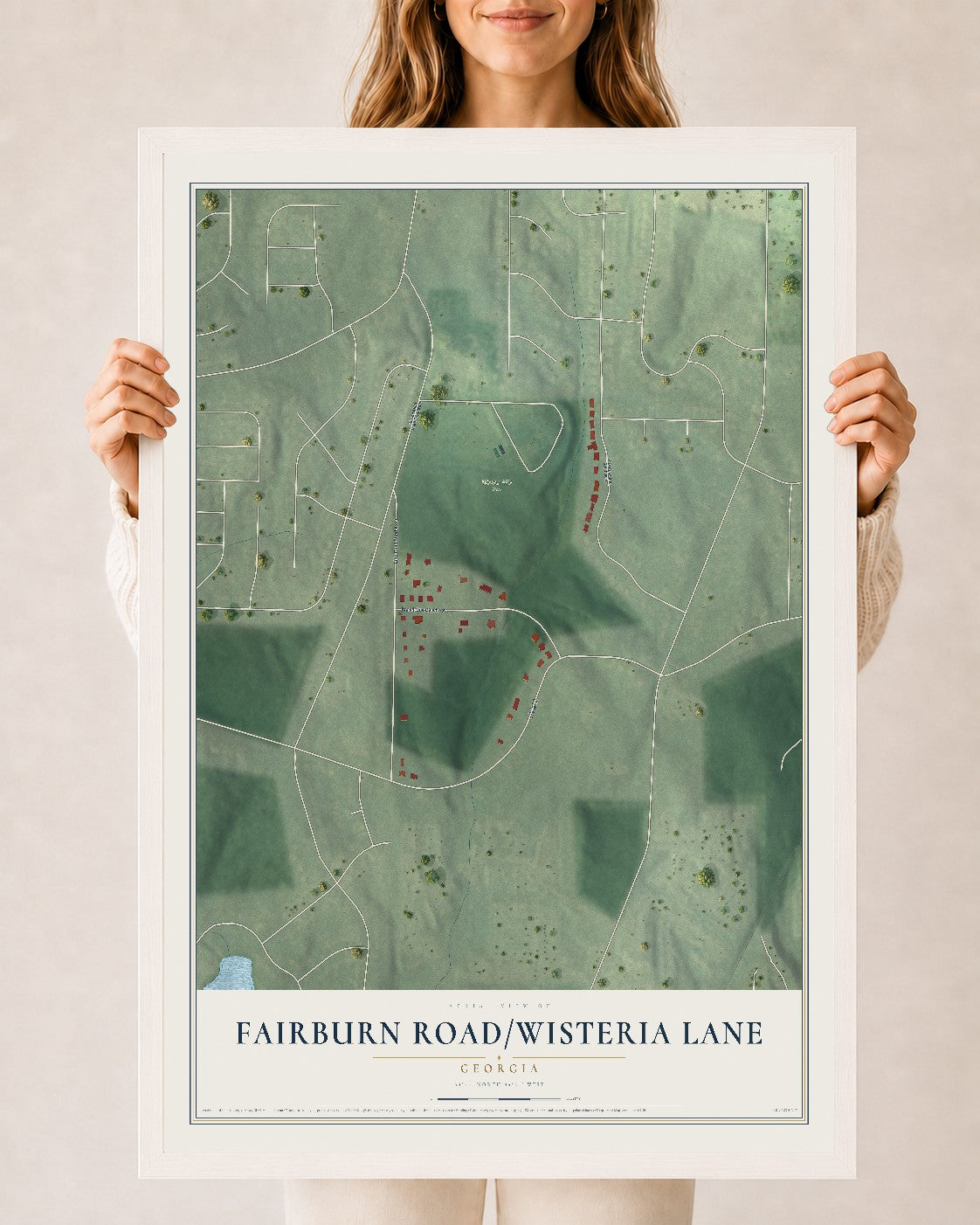 Fairburn Road-Wisteria Lane, Georgia map print, 24" x 36" W/ White Ayous Wood Frame mockup