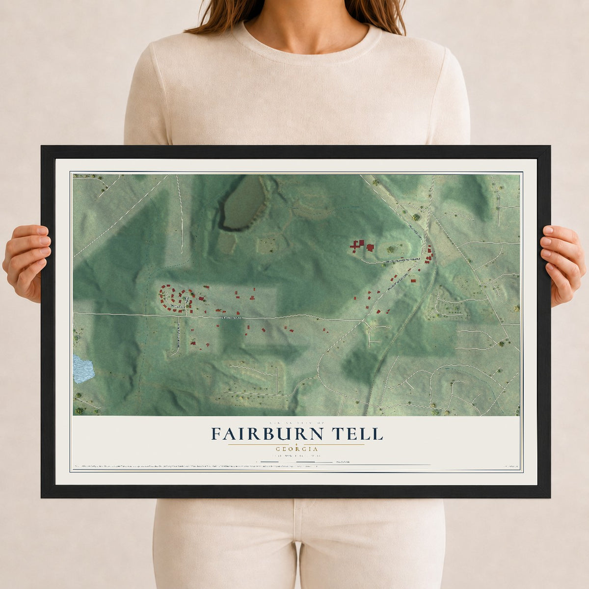 Fairburn Tell, Georgia map print, 12" x 18" W/ Black Ayous Wood Frame mockup