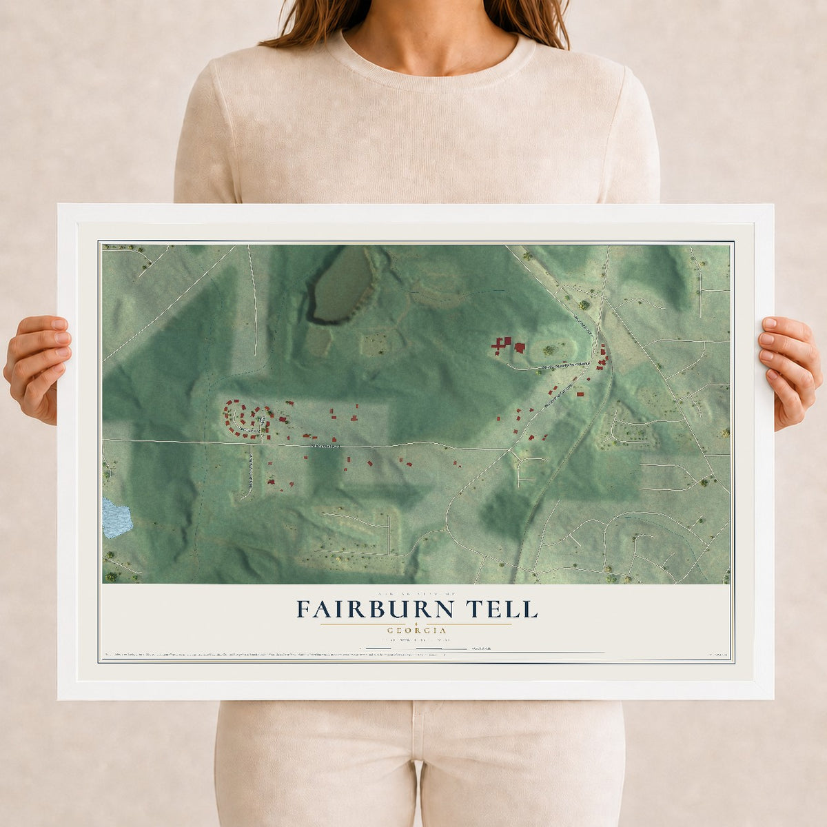 Fairburn Tell, Georgia map print, 12" x 18" W/ White Ayous Wood Frame mockup