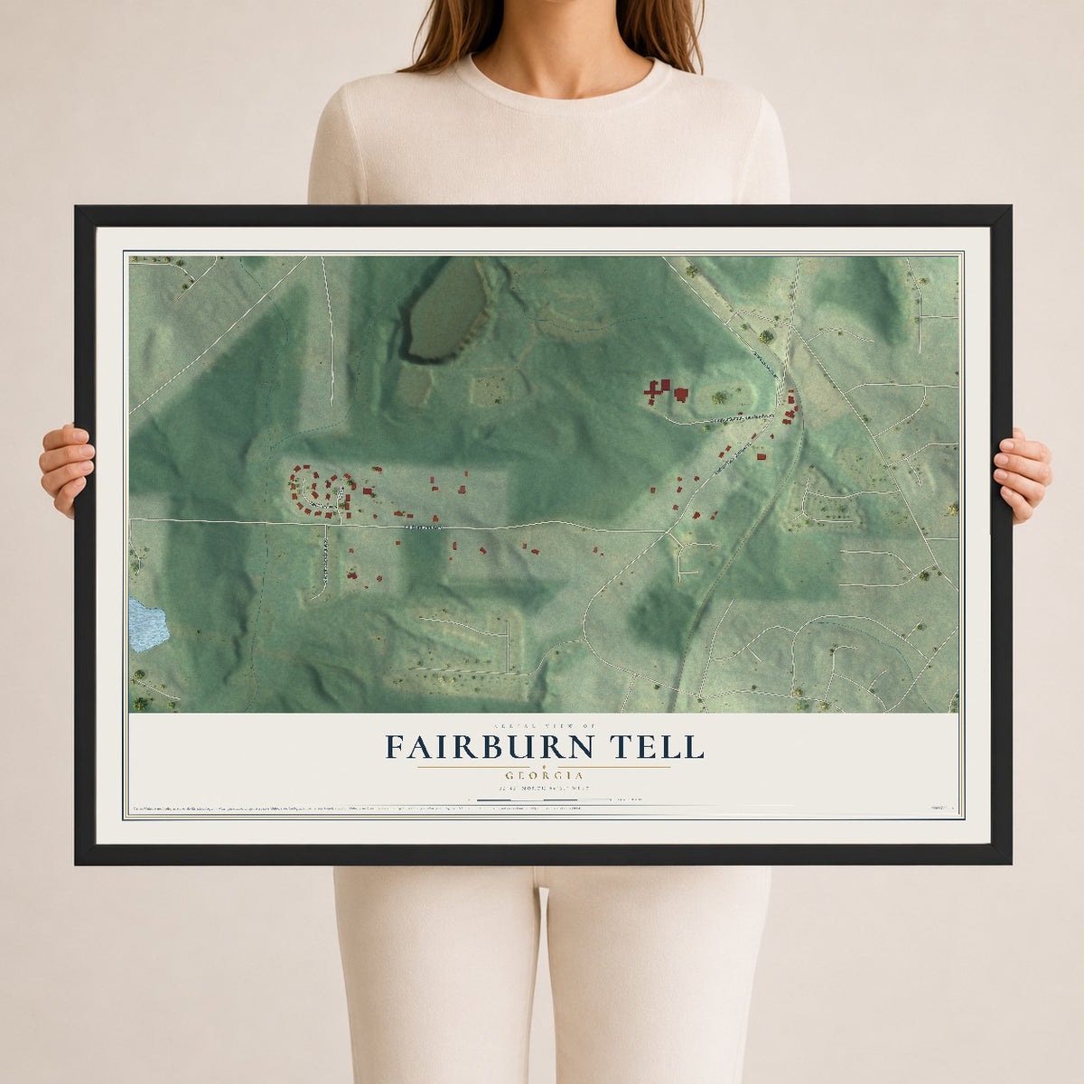 Fairburn Tell, Georgia map print, 24" x 36" W/ Black Ayous Wood Frame mockup