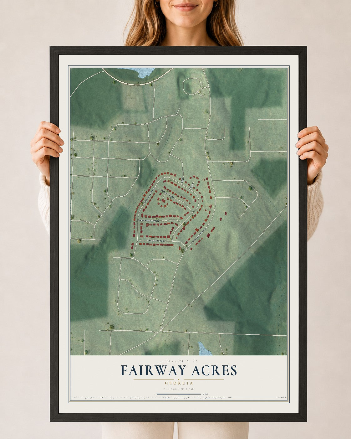 Fairway Acres, Georgia map print, 24" x 36" W/ Black Ayous Wood Frame mockup
