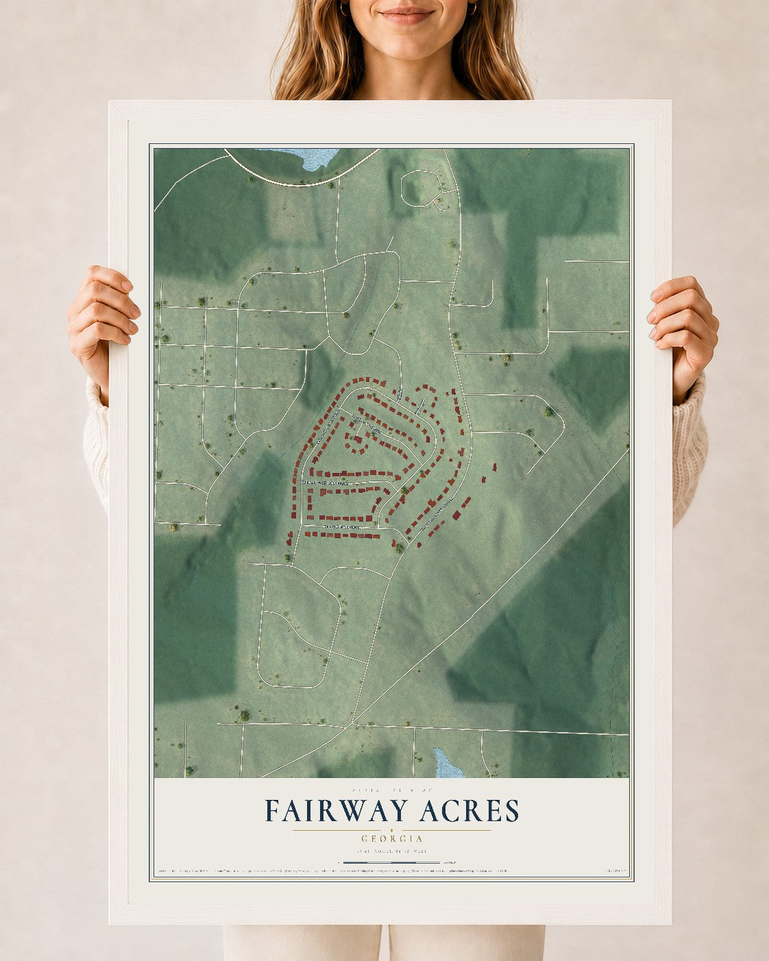 Fairway Acres, Georgia map print, 24" x 36" W/ White Ayous Wood Frame mockup