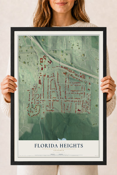 Florida Heights, Georgia map print, 18" x 24" W/ Black Ayous Wood Frame mockup