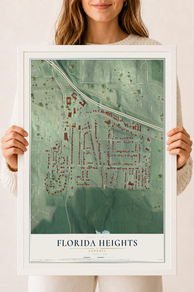 Florida Heights, Georgia map print, 18" x 24" W/ White Ayous Wood Frame mockup