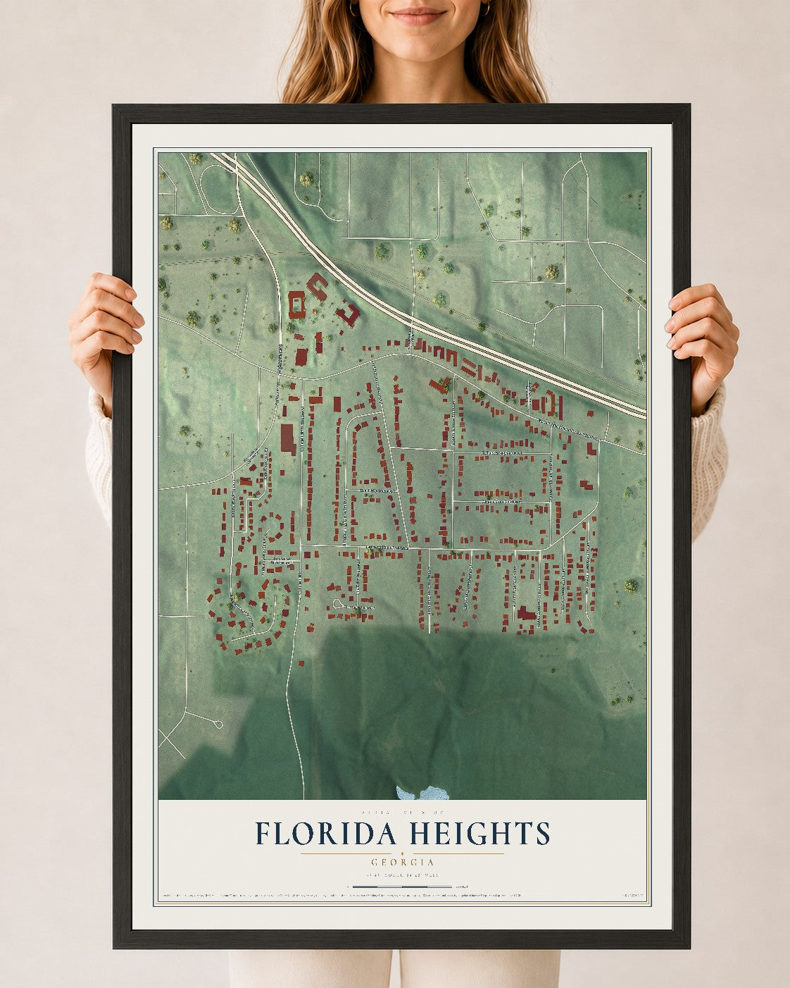 Florida Heights, Georgia map print, 24" x 36" W/ Black Ayous Wood Frame mockup