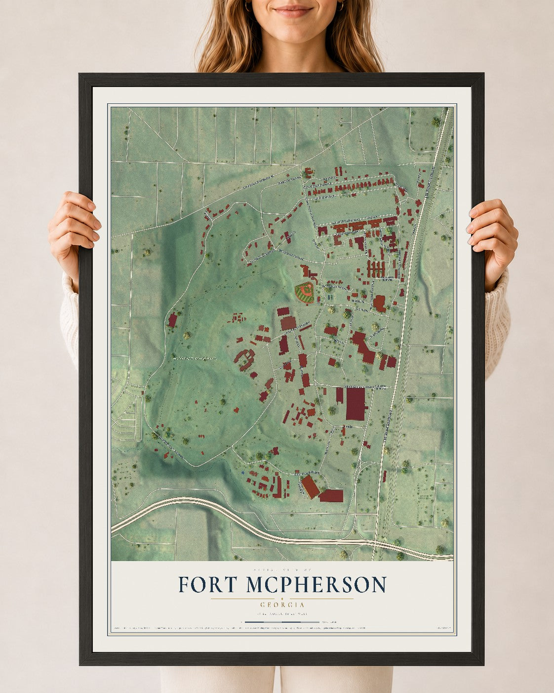 Fort McPherson, Georgia map print, 24" x 36" W/ Black Ayous Wood Frame mockup
