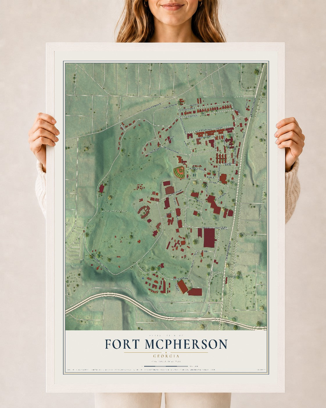 Fort McPherson, Georgia map print, 24" x 36" W/ White Ayous Wood Frame mockup