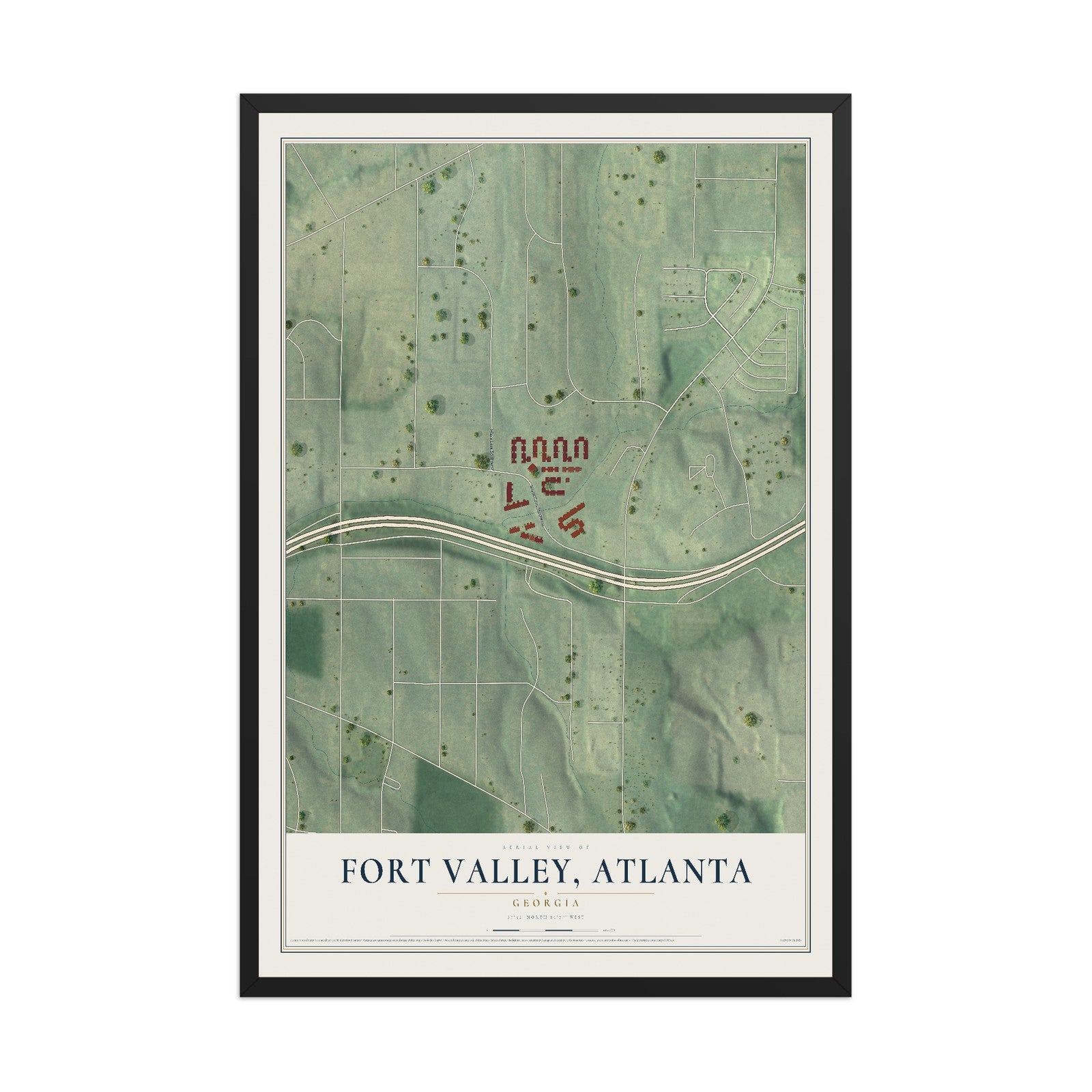 Fort Valley, Georgia map print, 12" x 18" W/ Black Ayous Wood Frame mockup