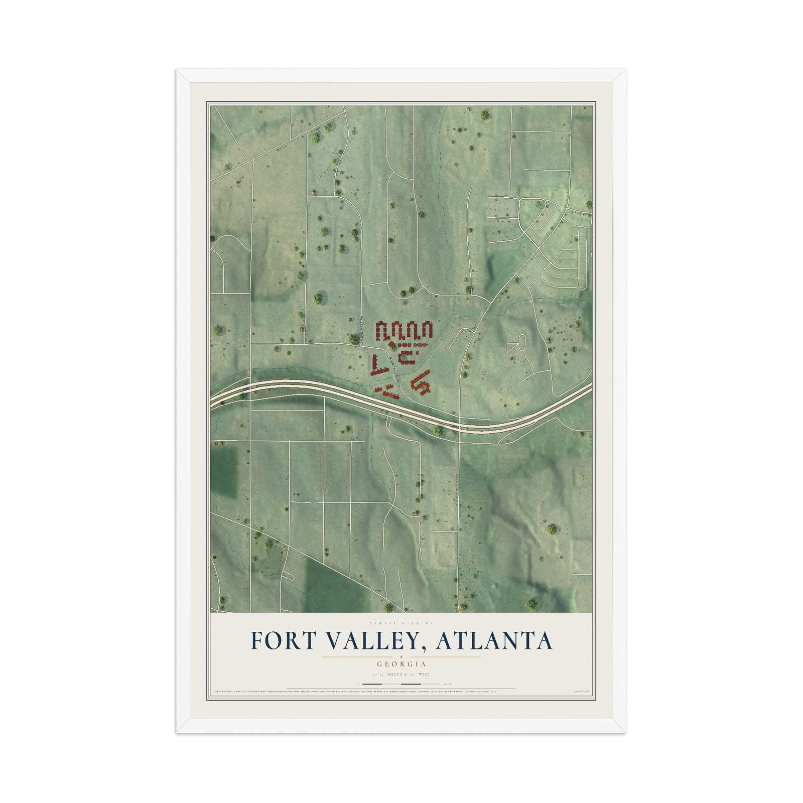 Fort Valley, Georgia map print, 12" x 18" W/ White Ayous Wood Frame mockup