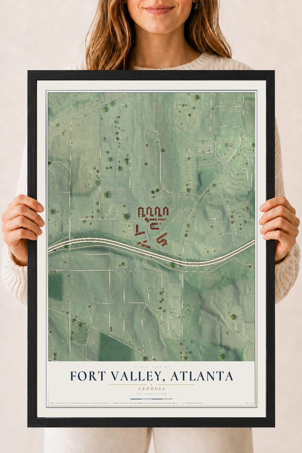 Fort Valley, Georgia map print, 18" x 24" W/ Black Ayous Wood Frame mockup