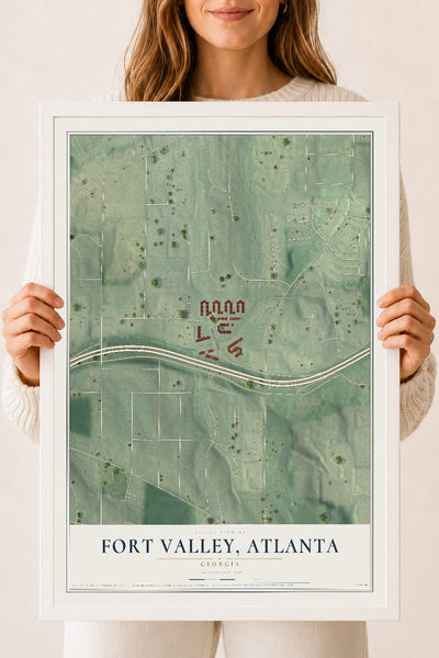 Fort Valley, Georgia map print, 18" x 24" W/ White Ayous Wood Frame mockup