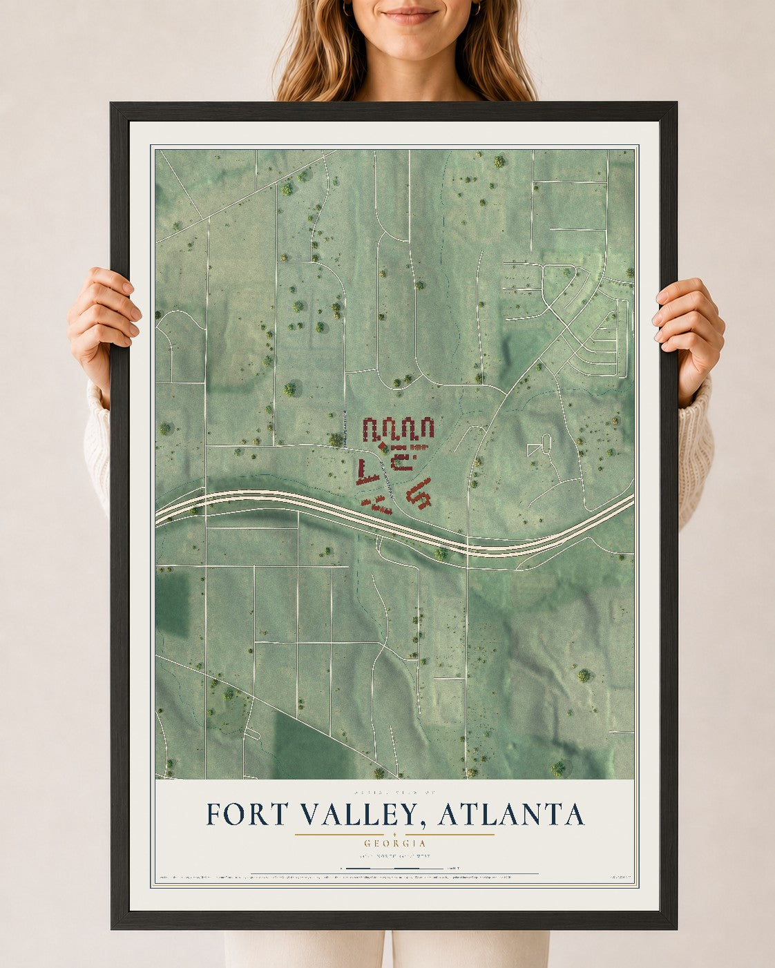 Fort Valley, Georgia map print, 24" x 36" W/ Black Ayous Wood Frame mockup