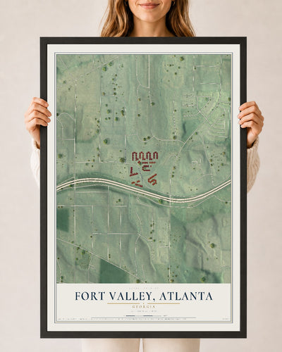 Fort Valley, Georgia map print, 24" x 36" W/ Black Ayous Wood Frame mockup