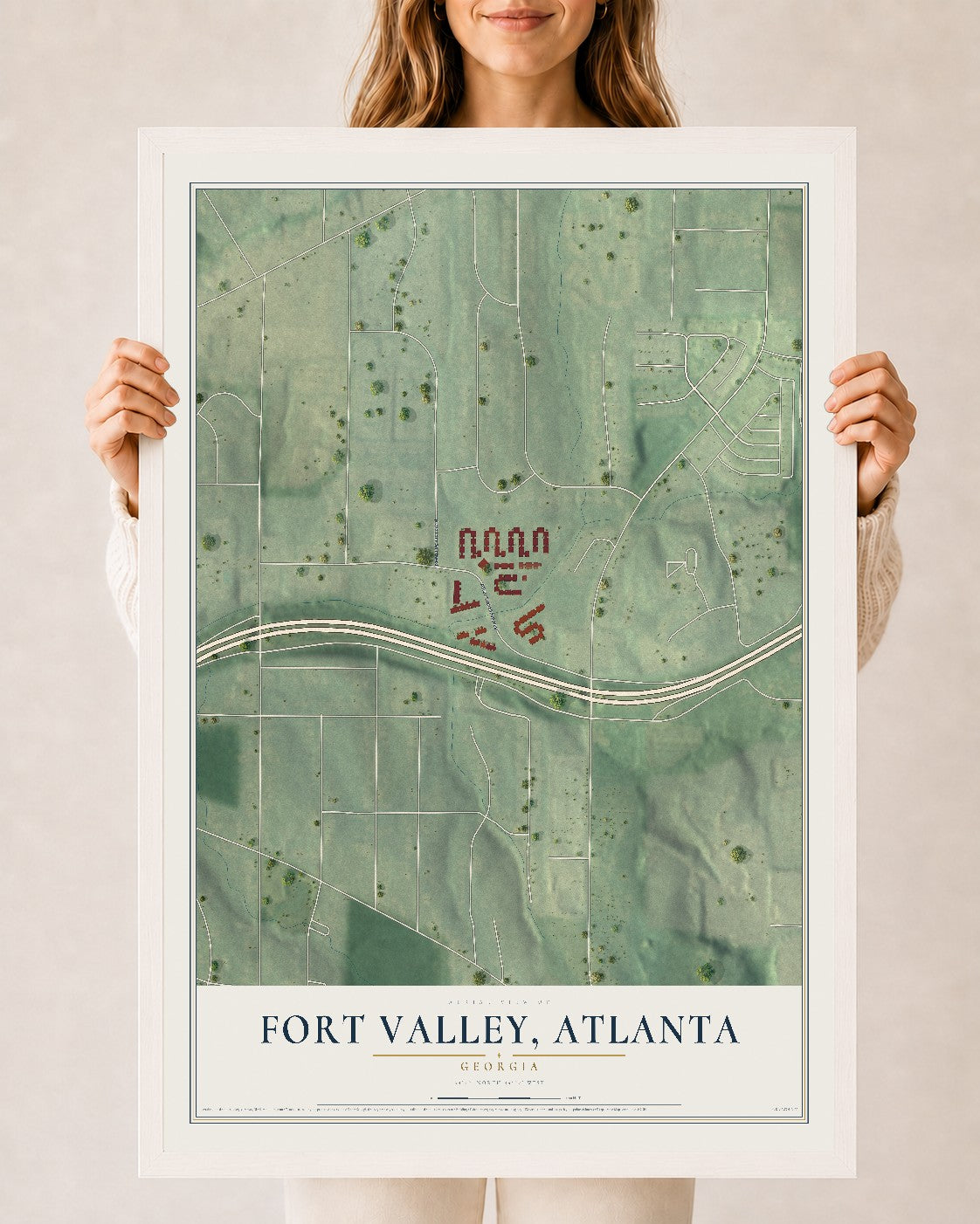 Fort Valley, Georgia map print, 24" x 36" W/ White Ayous Wood Frame mockup