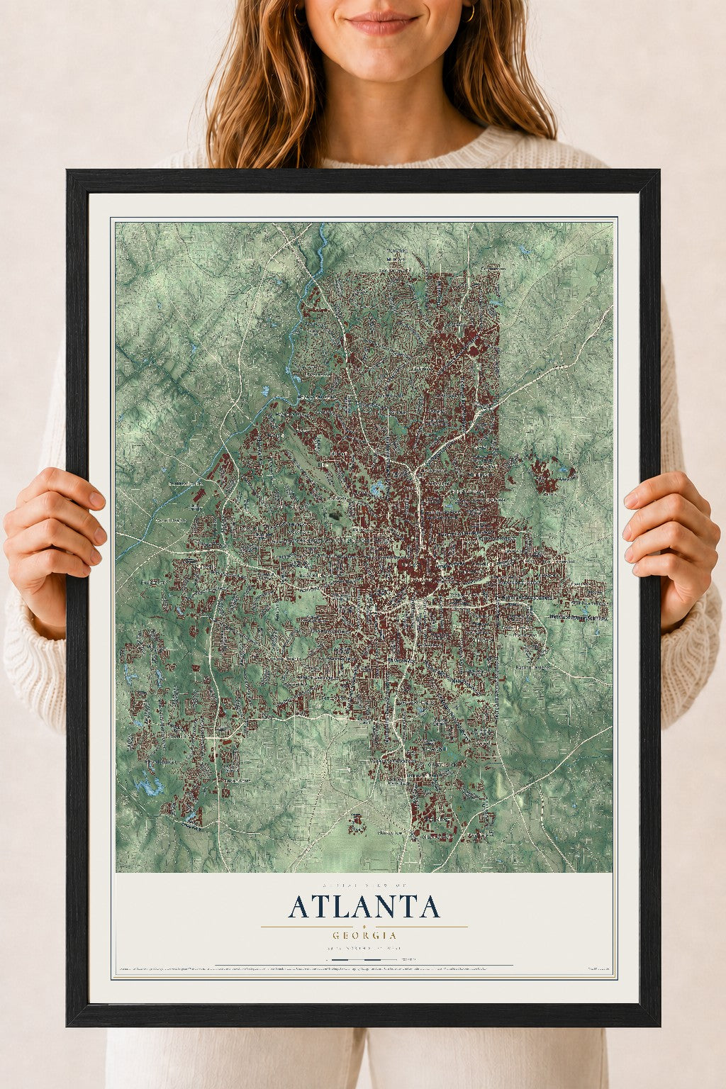 Atlanta, Georgia map print, 18" x 24" W/ Black Ayous Wood Frame mockup