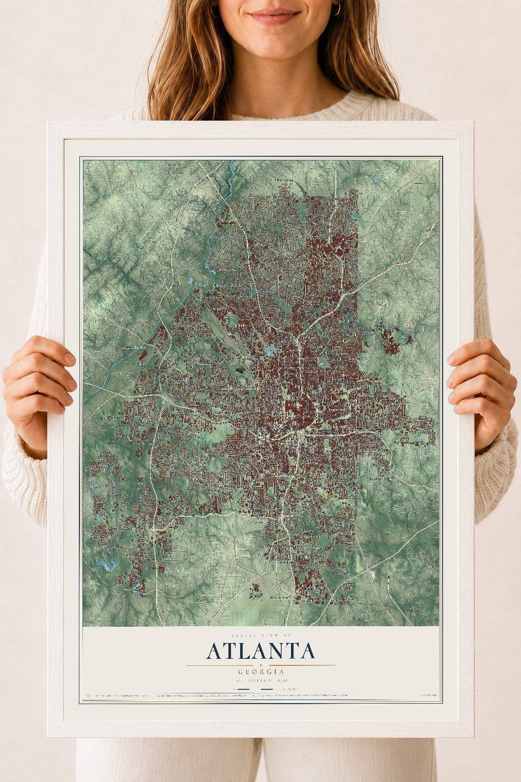 Atlanta, Georgia map print, 18" x 24" W/ White Ayous Wood Frame mockup