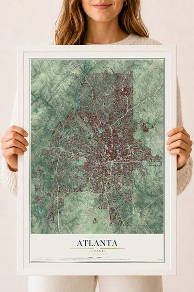 Atlanta, Georgia map print, 18" x 24" W/ White Ayous Wood Frame mockup