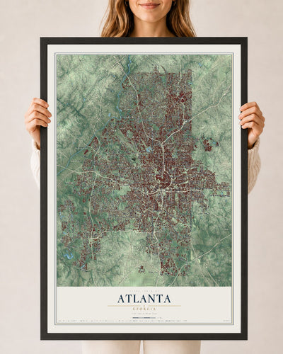 Atlanta, Georgia map print, 24" x 36" W/ Black Ayous Wood Frame mockup