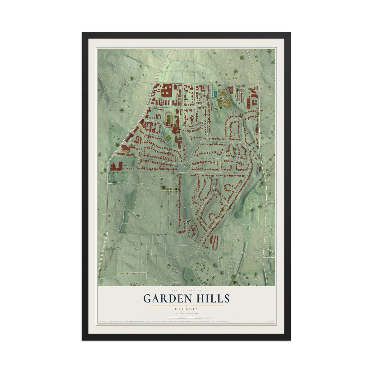 Garden Hills, Georgia map print, 12" x 18" W/ Black Ayous Wood Frame mockup