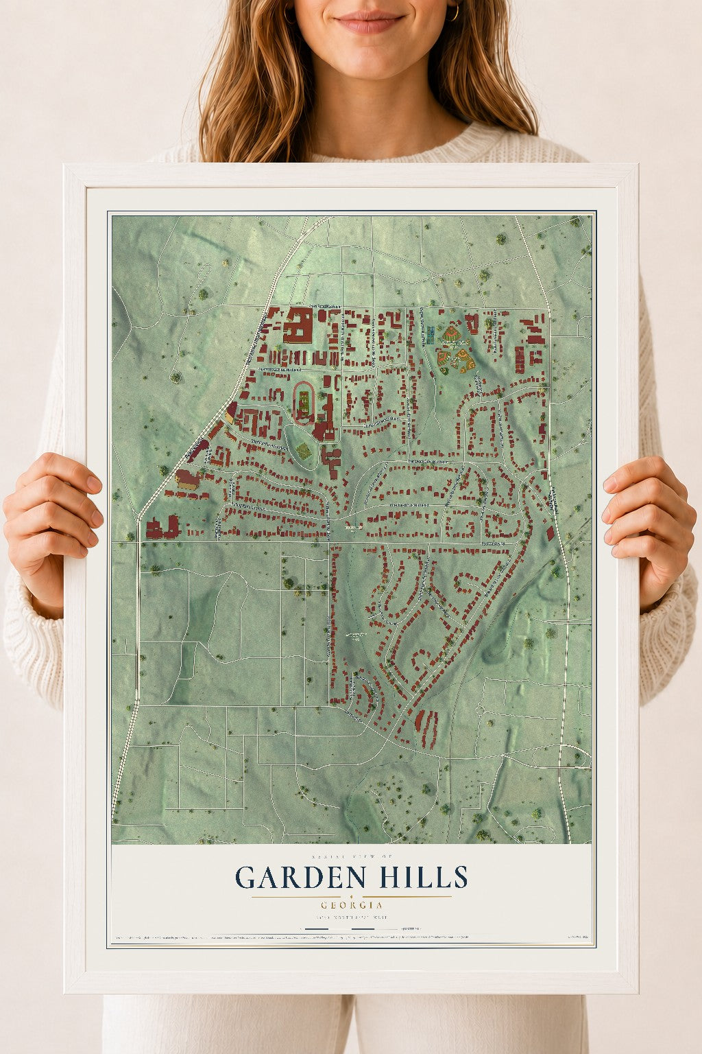 Garden Hills, Georgia map print, 18" x 24" W/ White Ayous Wood Frame mockup