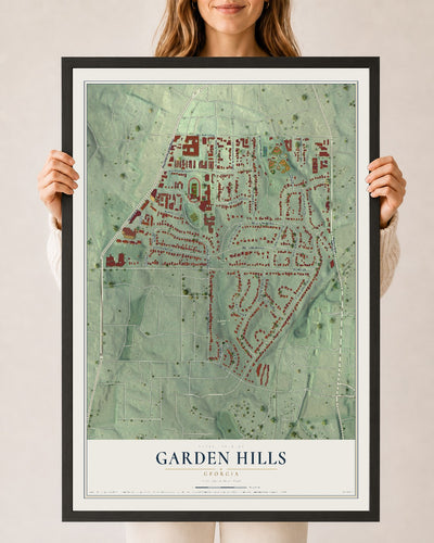 Garden Hills, Georgia map print, 24" x 36" W/ Black Ayous Wood Frame mockup