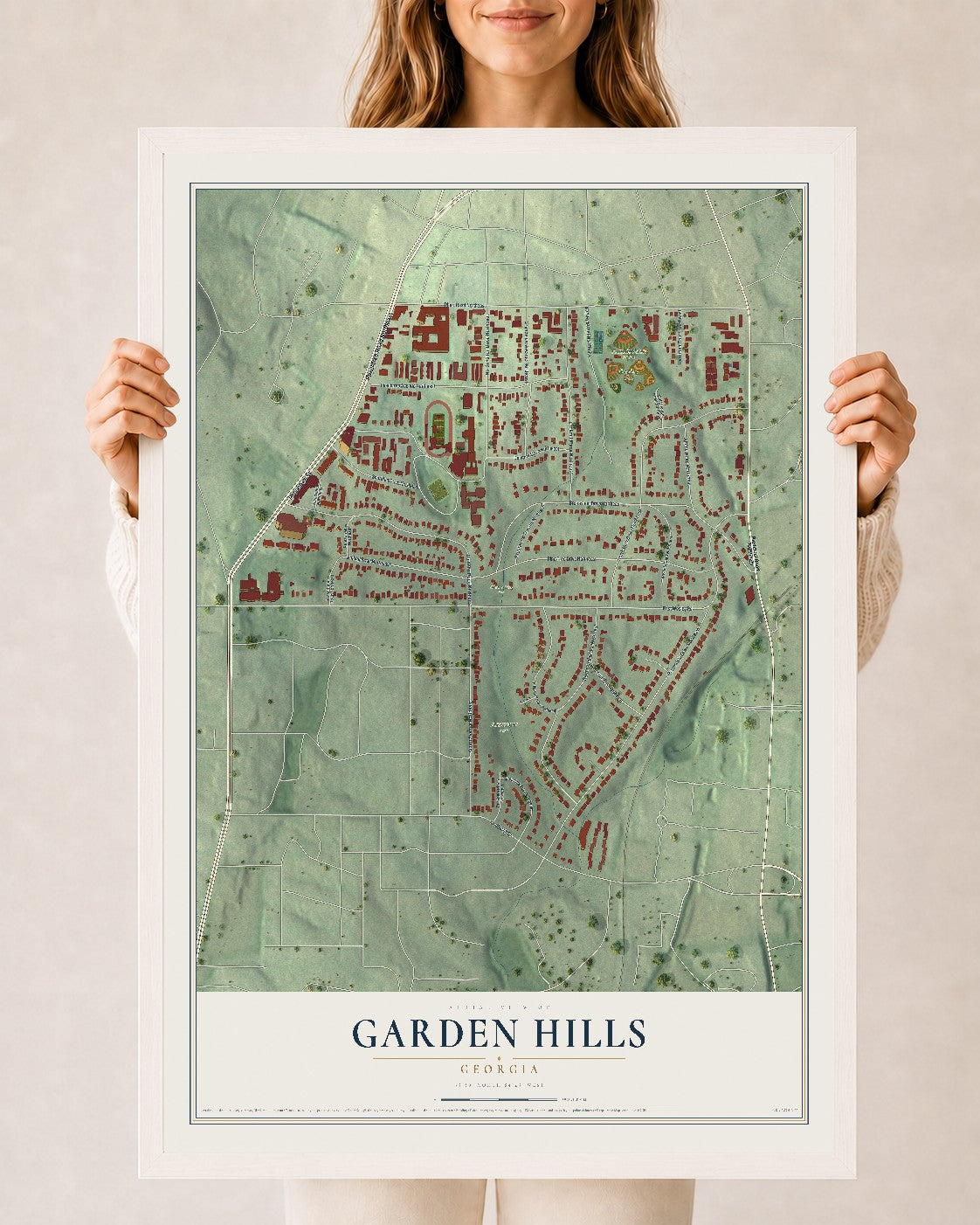 Garden Hills, Georgia map print, 24" x 36" W/ White Ayous Wood Frame mockup