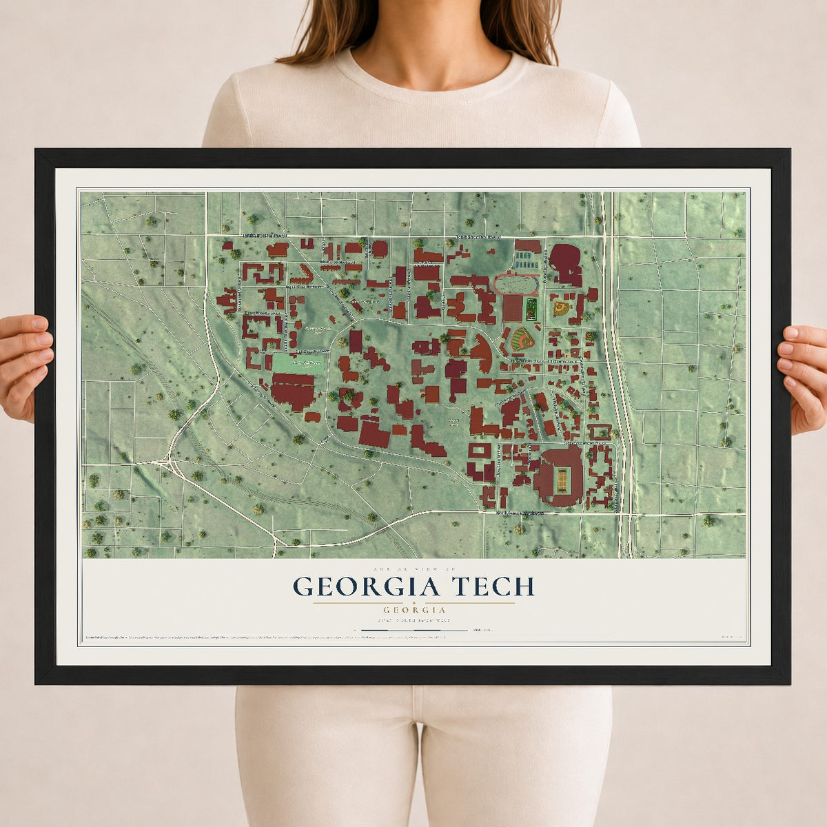 Georgia Tech, Georgia map print, 18" x 24" W/ Black Ayous Wood Frame mockup