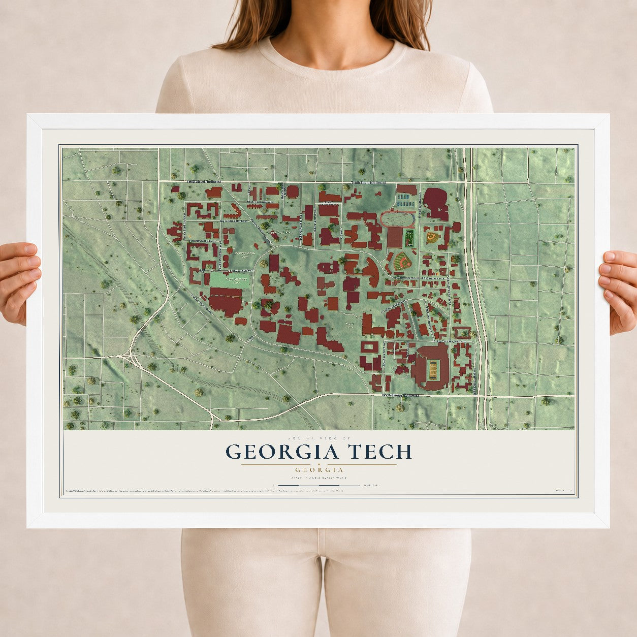 Georgia Tech, Georgia map print, 18" x 24" W/ White Ayous Wood Frame mockup