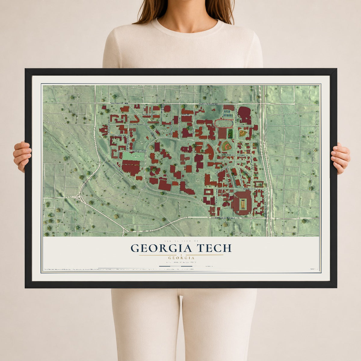 Georgia Tech, Georgia map print, 24" x 36" W/ Black Ayous Wood Frame mockup