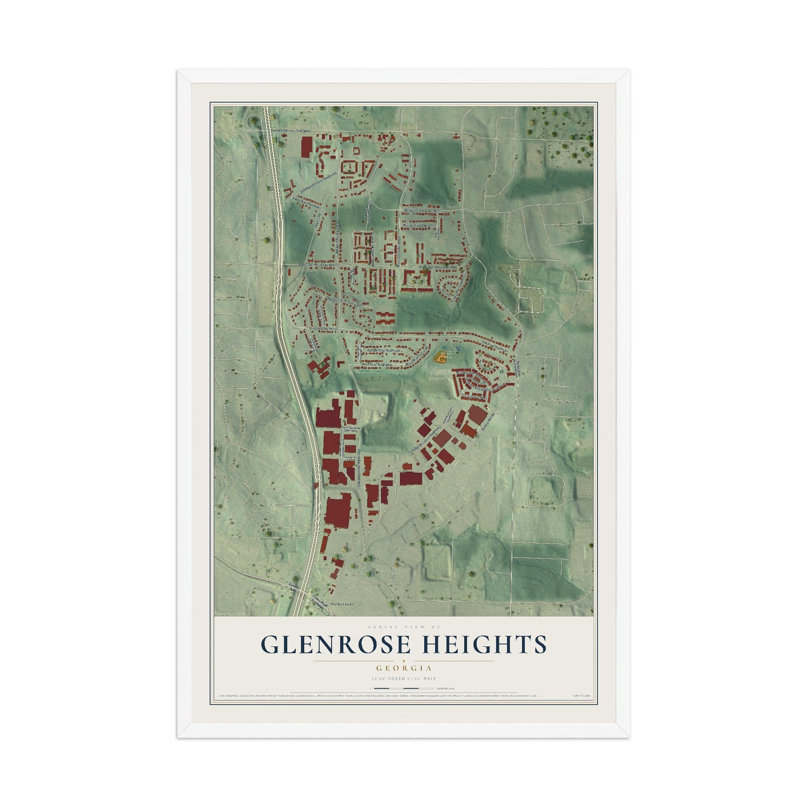 Glenrose Heights, Georgia map print, 12" x 18" W/ White Ayous Wood Frame mockup