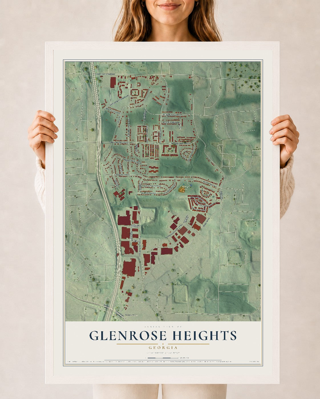 Glenrose Heights, Georgia map print, 24" x 36" W/ White Ayous Wood Frame mockup