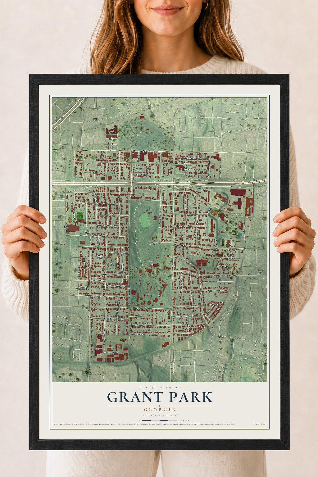 Grant Park, Georgia map print, 18" x 24" W/ Black Ayous Wood Frame mockup