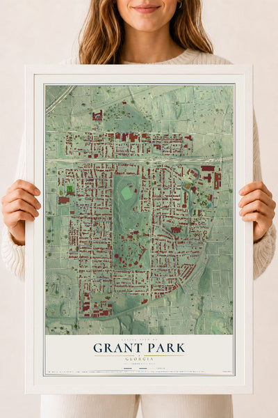 Grant Park, Georgia map print, 18" x 24" W/ White Ayous Wood Frame mockup