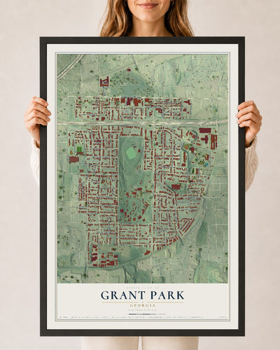Grant Park, Georgia map print, 24" x 36" W/ Black Ayous Wood Frame mockup