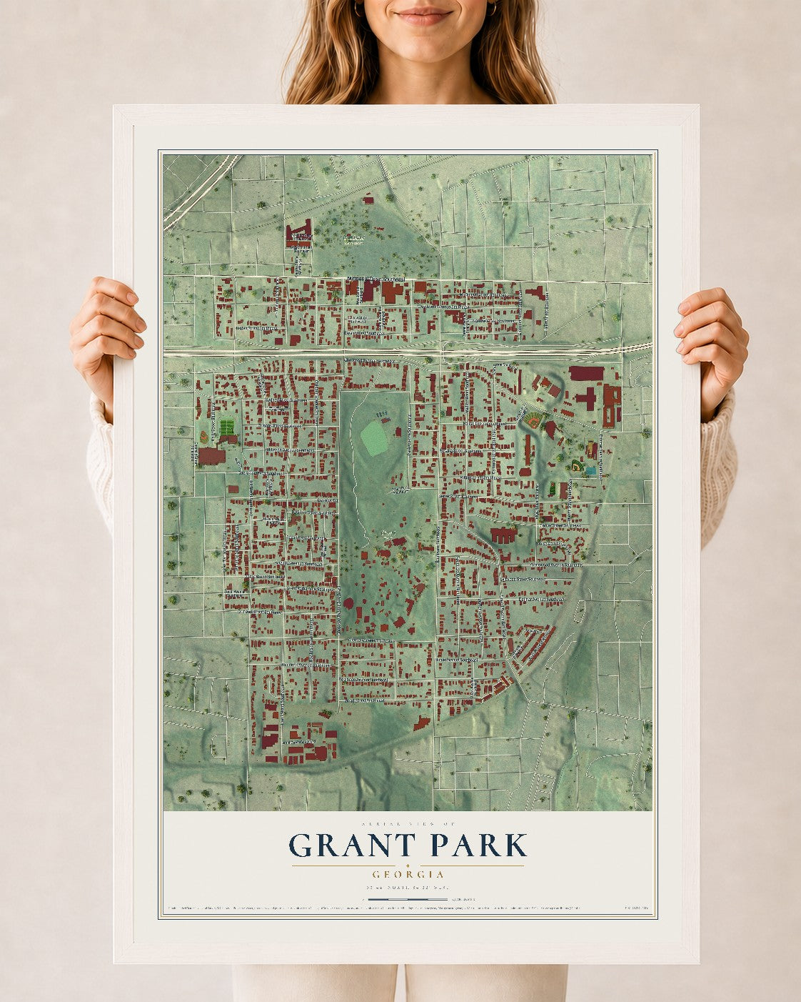Grant Park, Georgia map print, 24" x 36" W/ White Ayous Wood Frame mockup