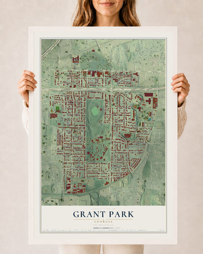 Grant Park, Georgia map print, 24" x 36" W/ White Ayous Wood Frame mockup