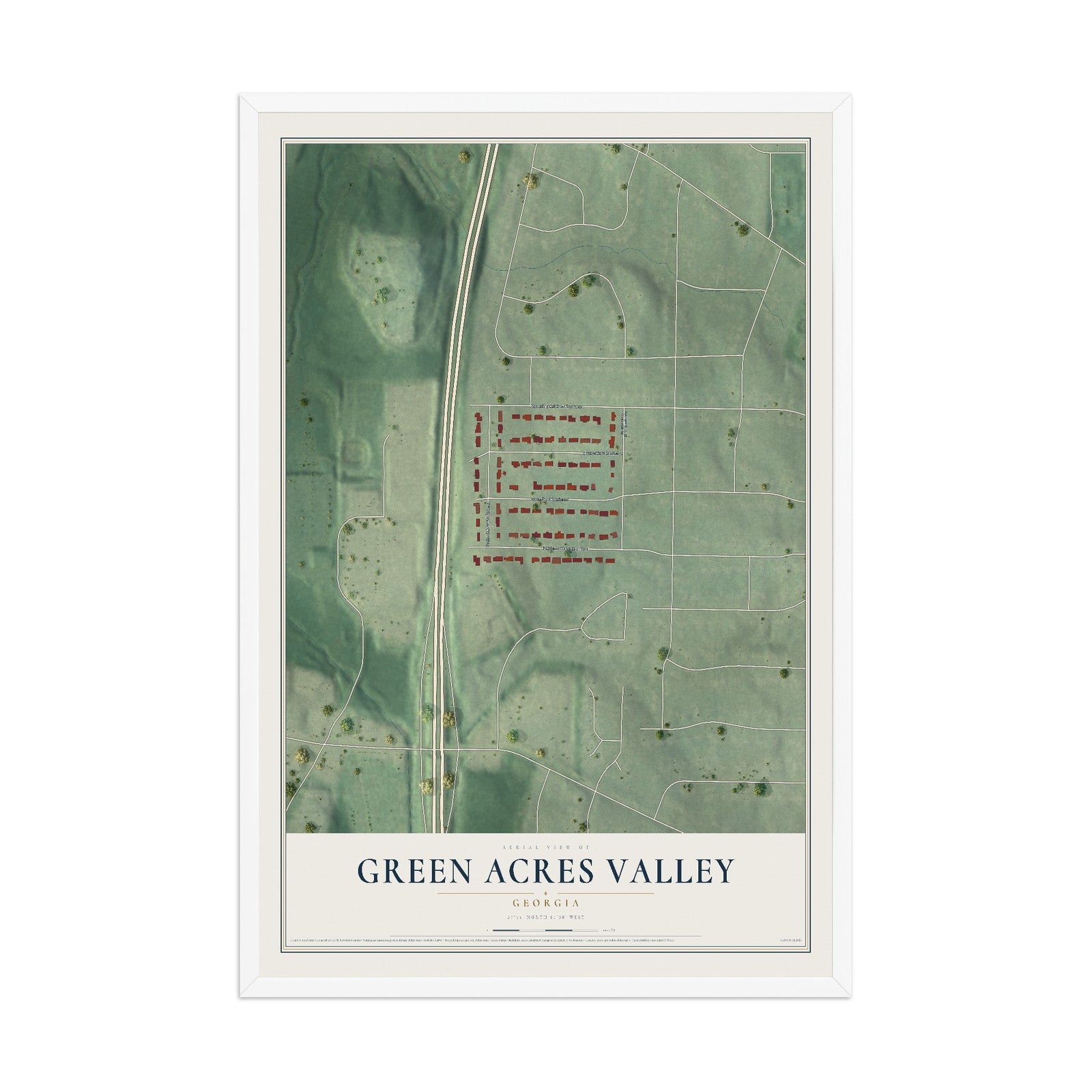 Green Acres Valley, Georgia map print, 12" x 18" W/ White Ayous Wood Frame mockup