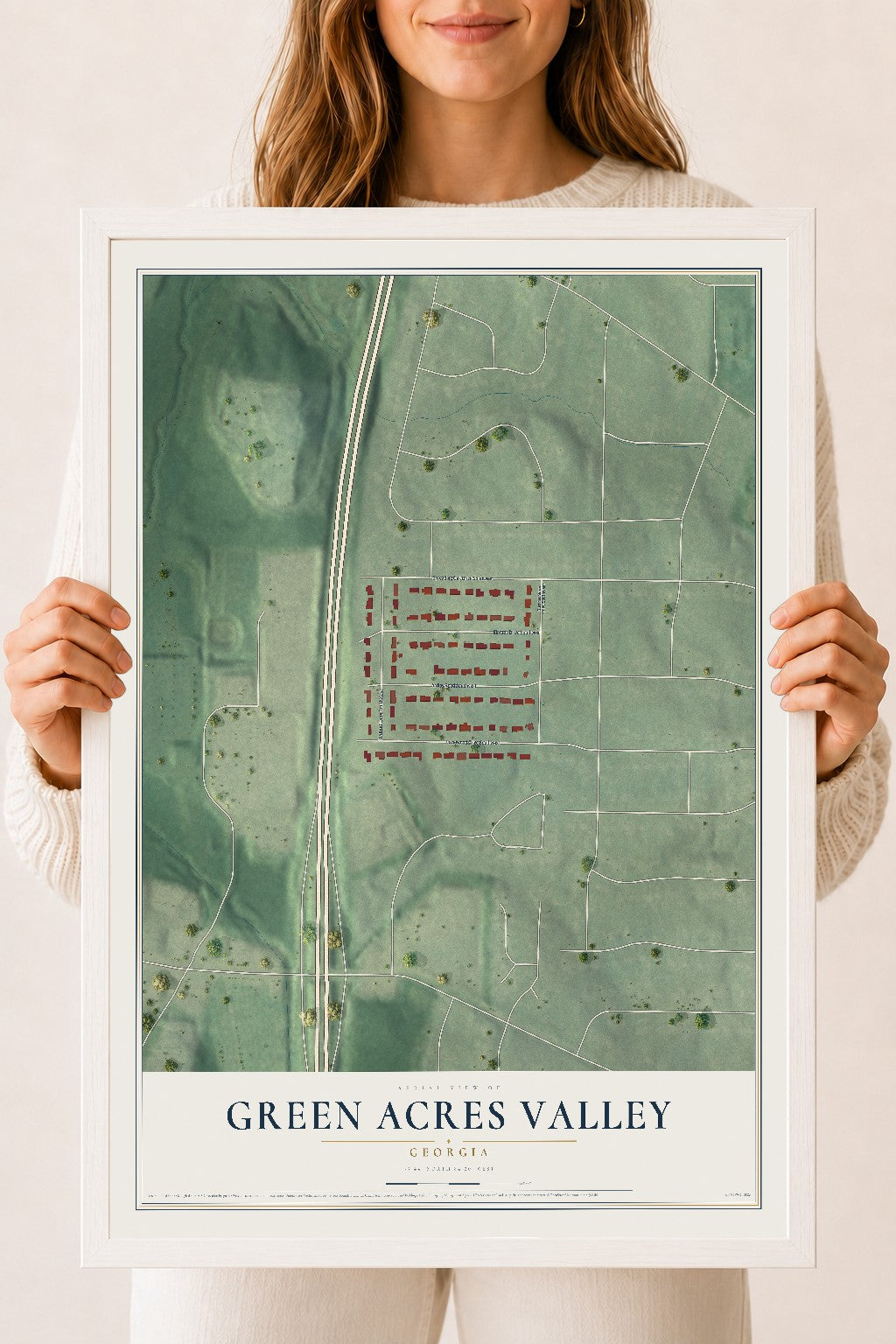 Green Acres Valley, Georgia map print, 18" x 24" W/ White Ayous Wood Frame mockup