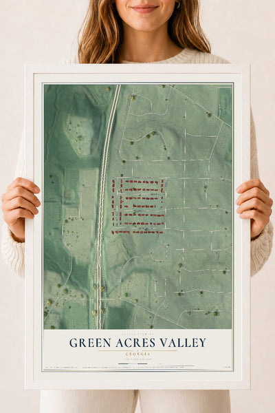 Green Acres Valley, Georgia map print, 18" x 24" W/ White Ayous Wood Frame mockup