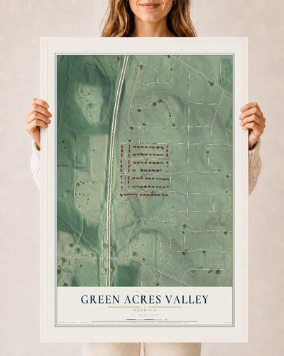 Green Acres Valley, Georgia map print, 24" x 36" W/ White Ayous Wood Frame mockup