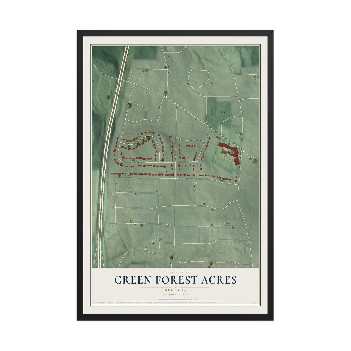 Green Forest Acres, Georgia map print, 12" x 18" W/ Black Ayous Wood Frame mockup