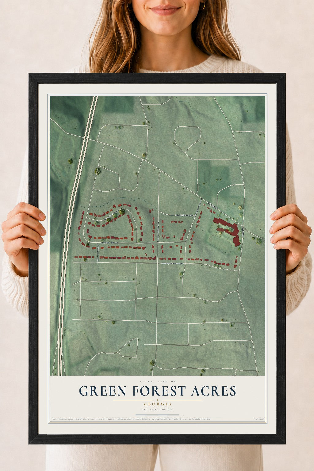 Green Forest Acres, Georgia map print, 18" x 24" W/ Black Ayous Wood Frame mockup