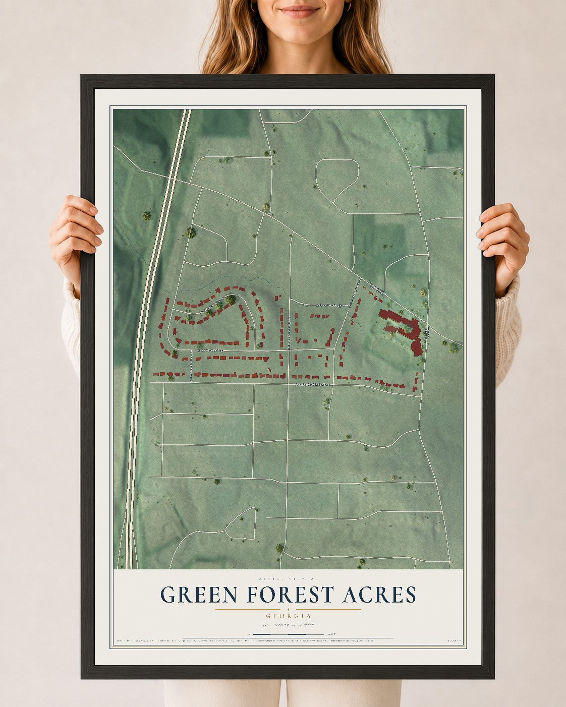 Green Forest Acres, Georgia map print, 24" x 36" W/ Black Ayous Wood Frame mockup