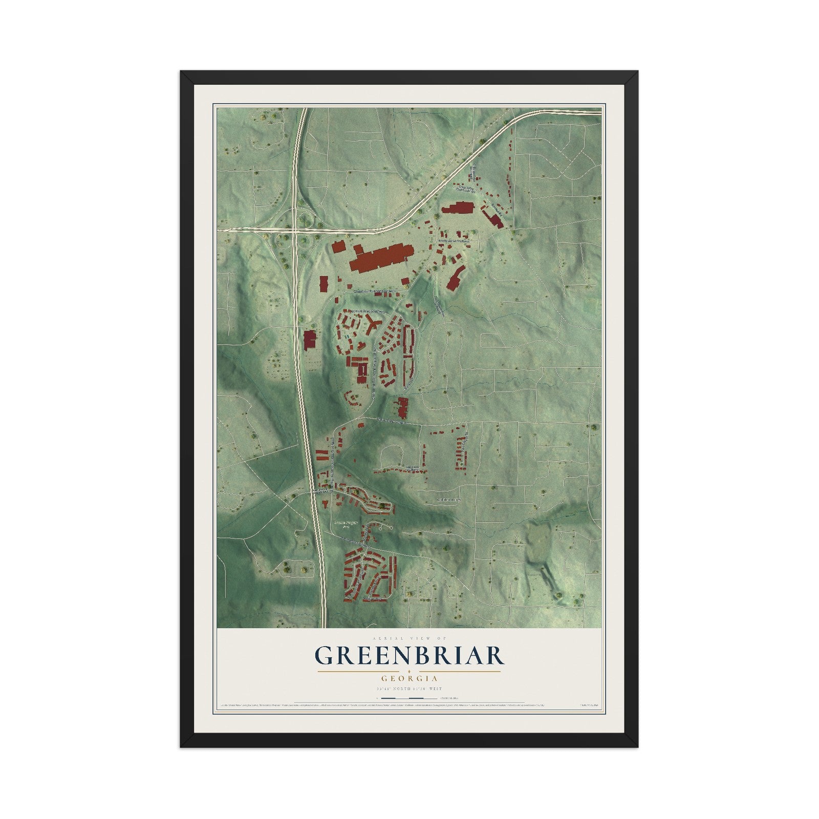 Greenbriar, Georgia map print, 12" x 18" W/ Black Ayous Wood Frame mockup