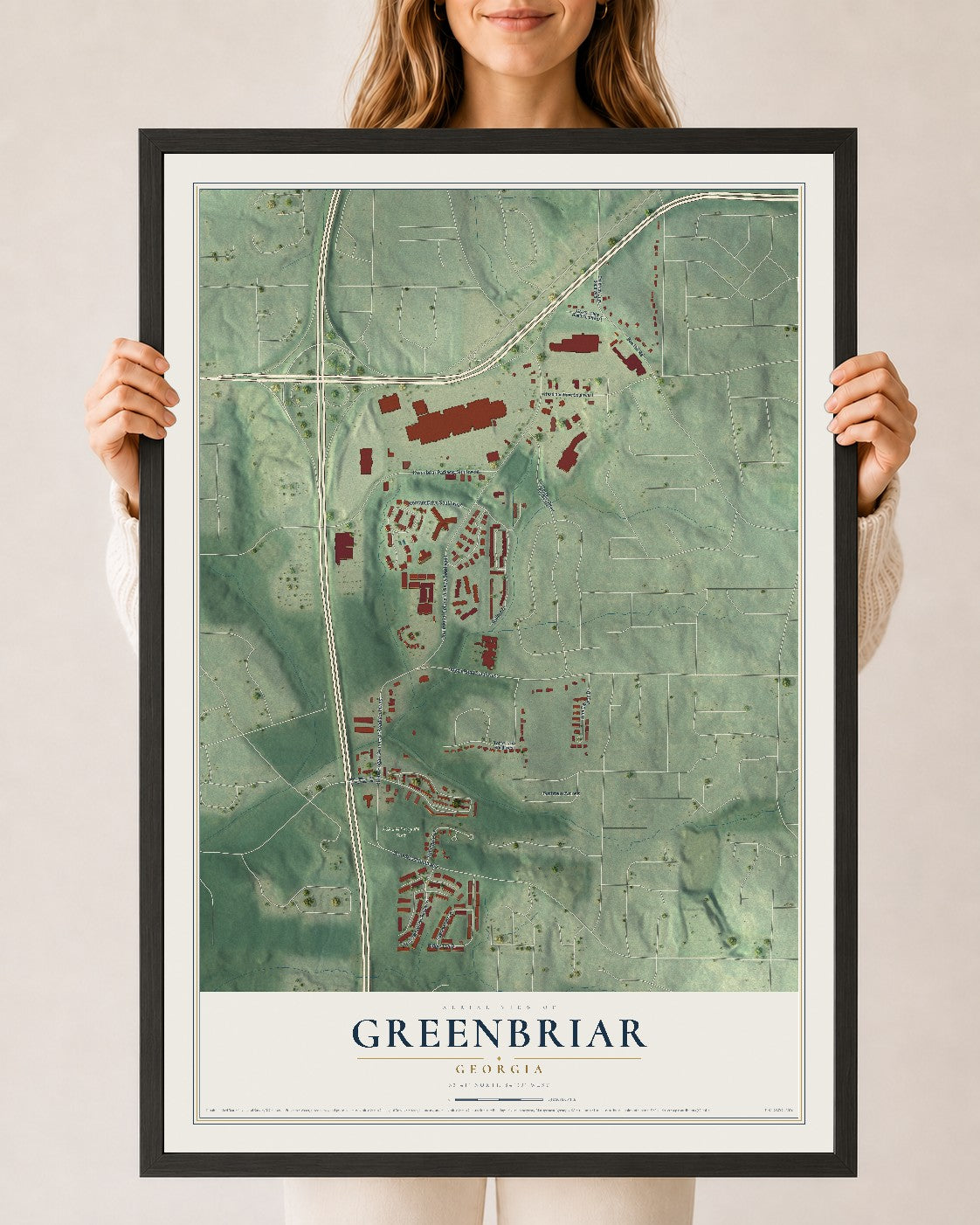 Greenbriar, Georgia map print, 24" x 36" W/ Black Ayous Wood Frame mockup