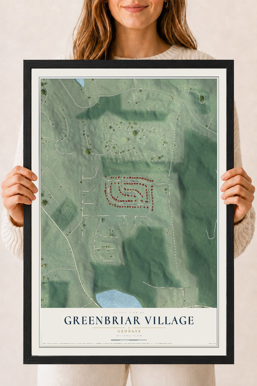 Greenbriar Village, Georgia map print, 18" x 24" W/ Black Ayous Wood Frame mockup